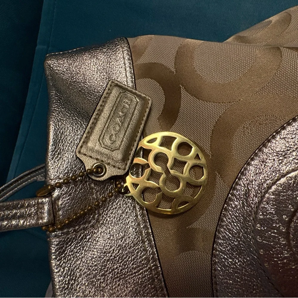 Coach 15013 Julia Op Art Metallic Gold Logo Jacquard & Leather Shoulder Tote Bag